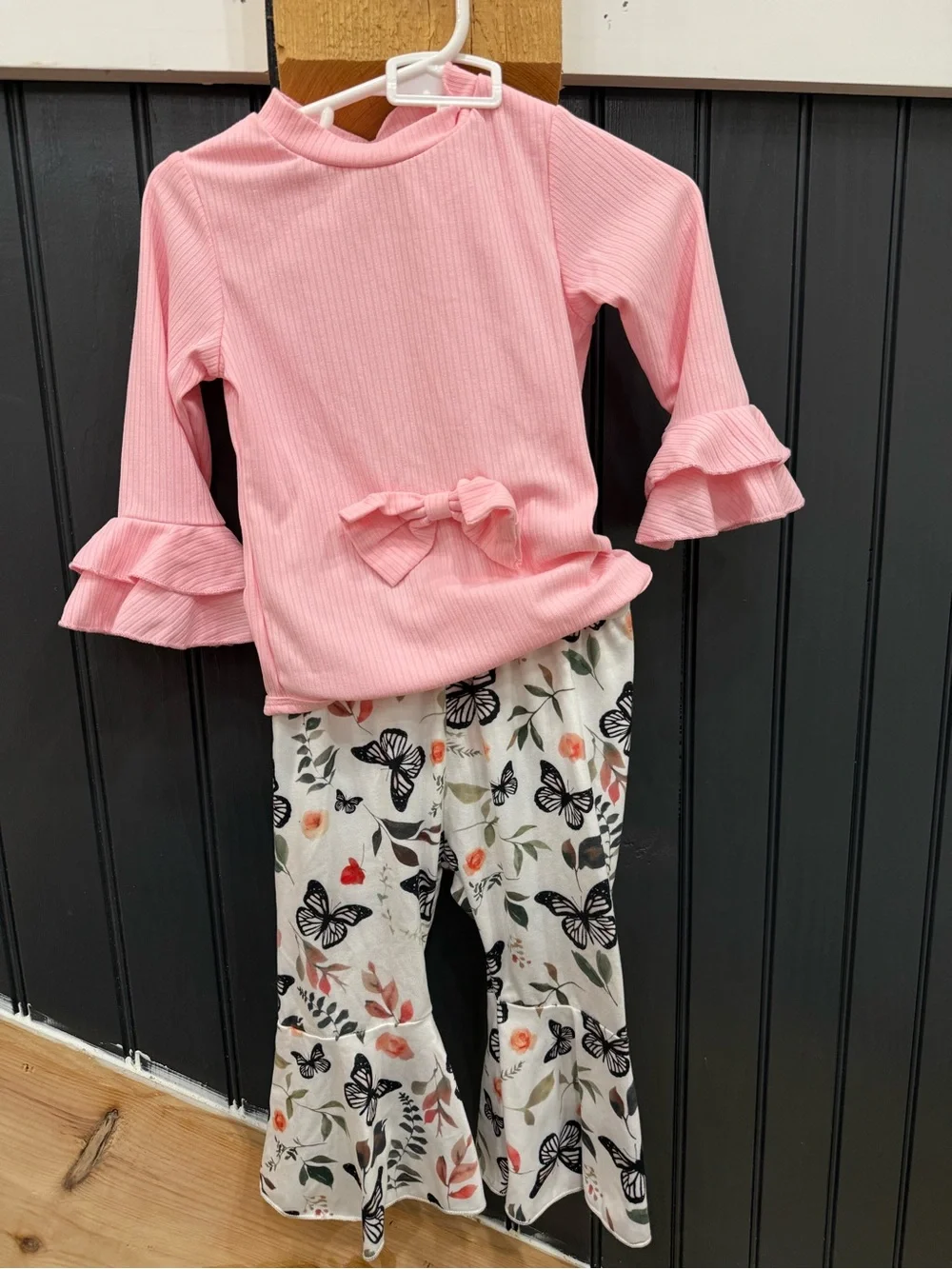 SHEIN Pink Ruffle Sleeve Top with Cream Butterfly Print Pants